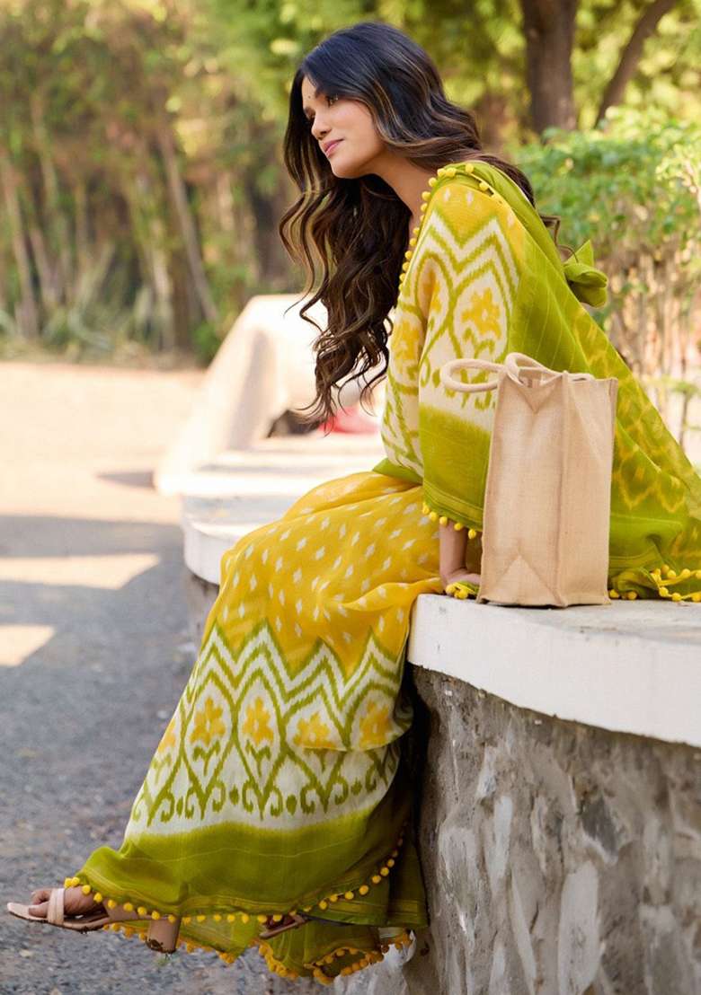 Yellow Printed Cotton Saree Set - Indya