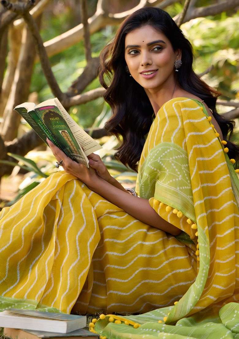 Yellow Printed Cotton Saree Set - Indya