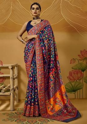 Navy Blue Printed Cotton Silk Saree Set