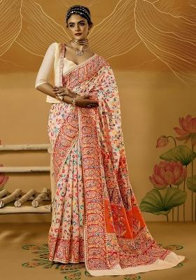 Cream Printed Cotton Silk Saree Set
