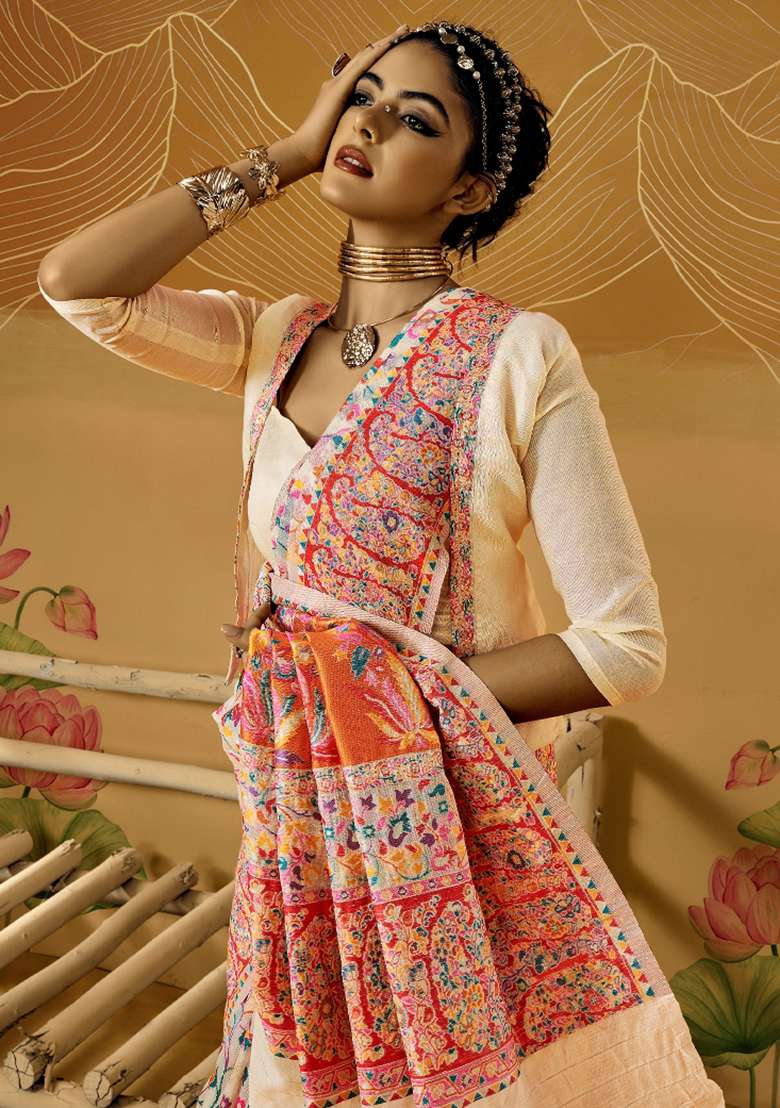 Cream Cotton Silk Blend Saree Set with Printed for Diwali | Wedding & Festive Wear - Indya