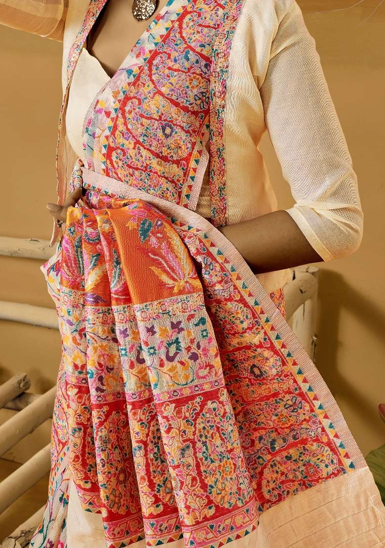 Cream Cotton Silk Blend Saree Set with Printed for Diwali | Wedding & Festive Wear - Indya