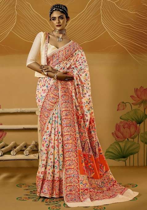 Cream Cotton Silk Blend Saree Set with Printed for Diwali | Wedding & Festive Wear