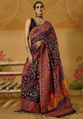 Black Printed Cotton Silk Saree Set
