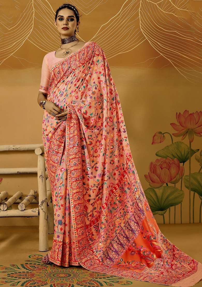 Peach Cotton Silk Blend Saree Set with Printed for Diwali | Wedding & Festive Wear - Indya