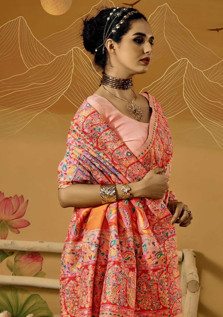Peach Cotton Silk Blend Saree Set with Printed for Diwali | Wedding & Festive Wear - Indya