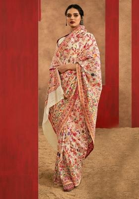 Cream Printed Cotton Silk Saree Set