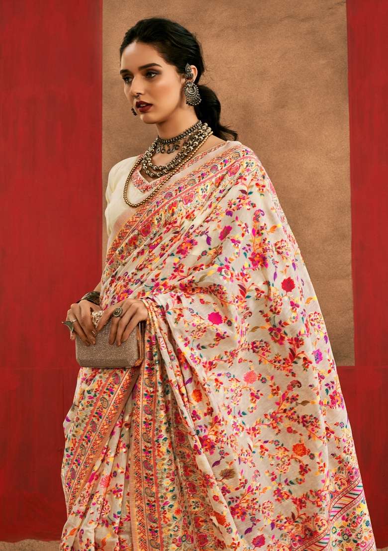 Cream Cotton Silk Blend Saree Set with Printed for Diwali | Wedding & Festive Wear - Indya