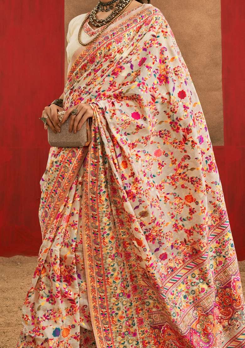 Cream Cotton Silk Blend Saree Set with Printed for Diwali | Wedding & Festive Wear - Indya