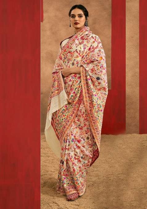 Cream Cotton Silk Blend Saree Set with Printed for Diwali | Wedding & Festive Wear