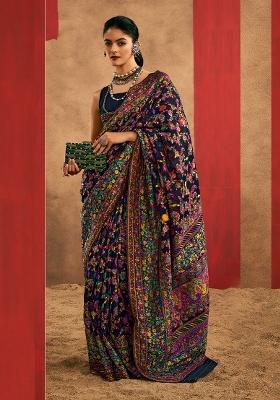 Navy Blue Printed Cotton Silk Saree Set