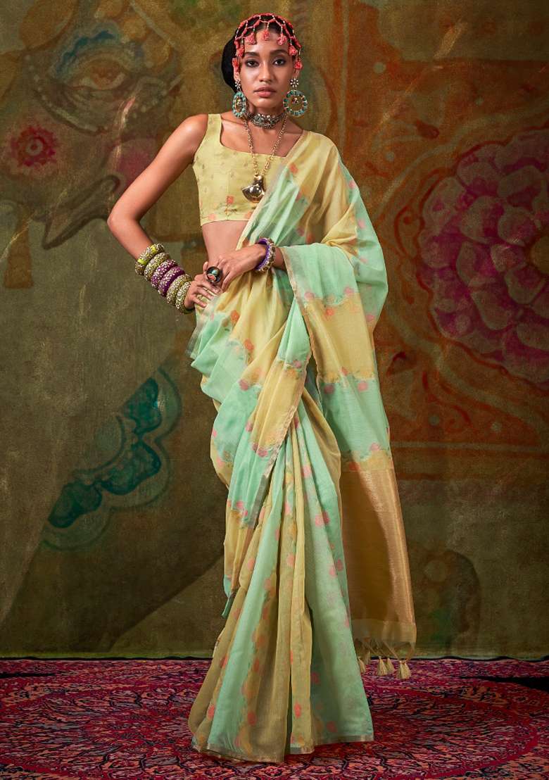 Yellow Printed Cotton Silk Blend Saree Set - Indya