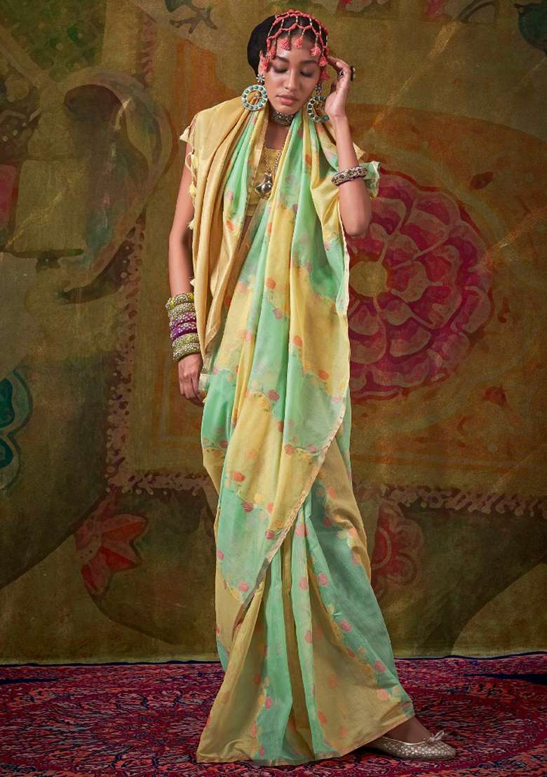 Yellow Printed Cotton Silk Blend Saree Set - Indya