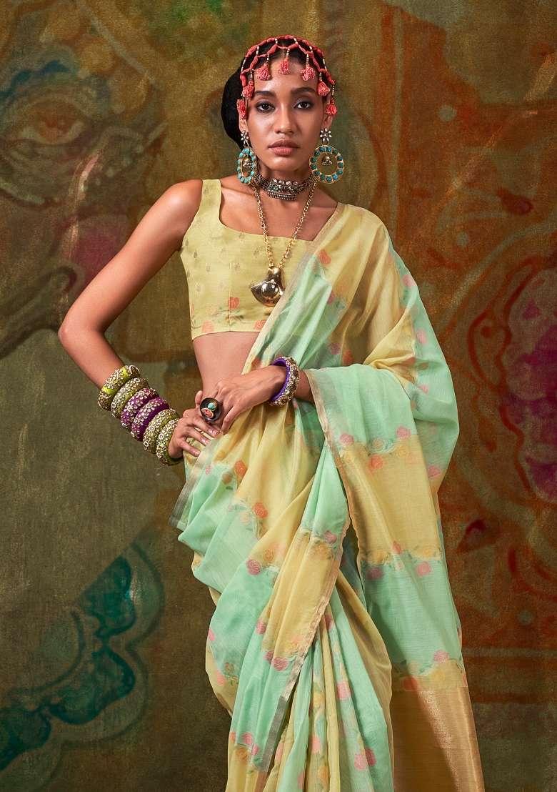 Yellow Printed Cotton Silk Blend Saree Set - Indya
