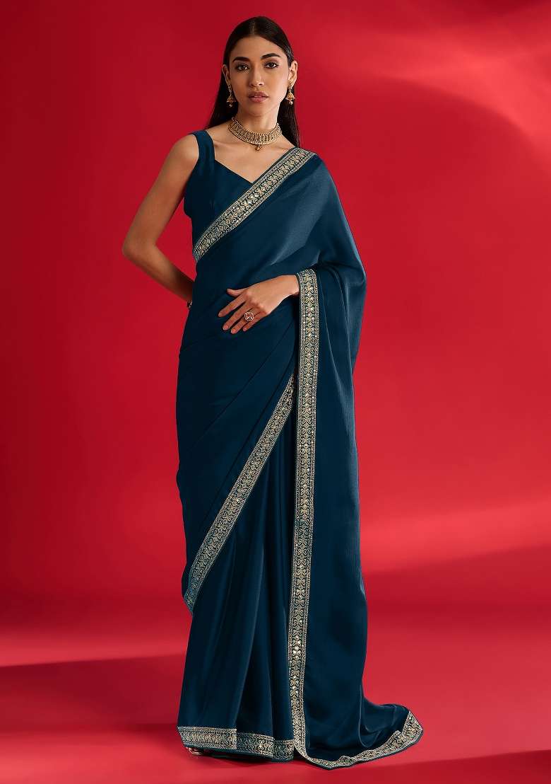 Teal Blue Printed Satin Saree Set - Indya