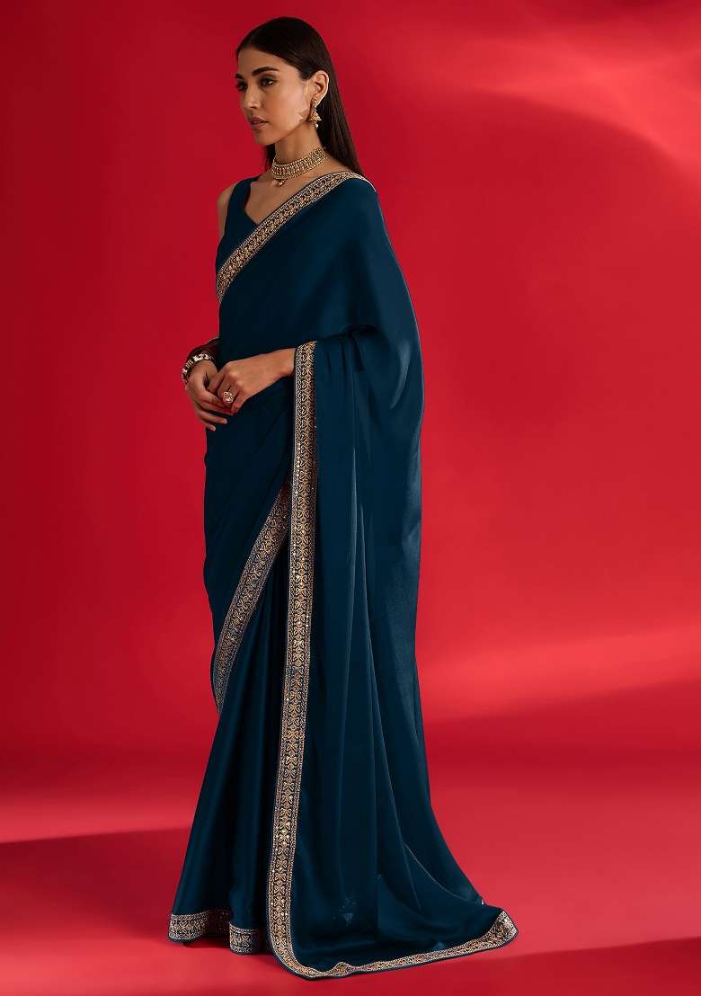 Teal Blue Printed Satin Saree Set - Indya