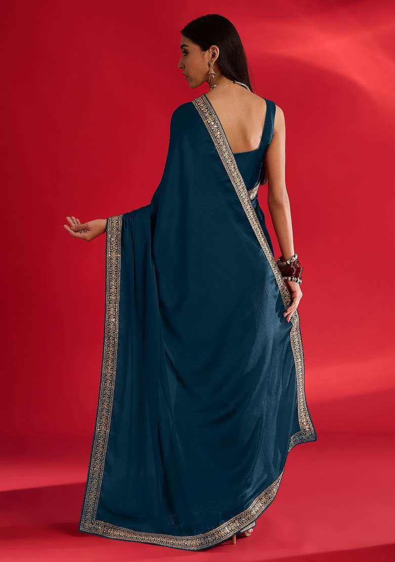 Teal Blue Printed Satin Saree Set - Indya