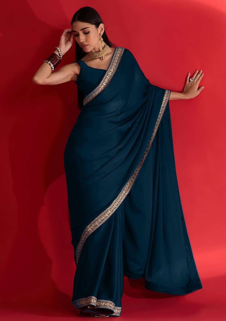 Teal Blue Printed Satin Saree Set - Indya