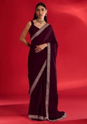 Magenta Printed Satin Saree Set