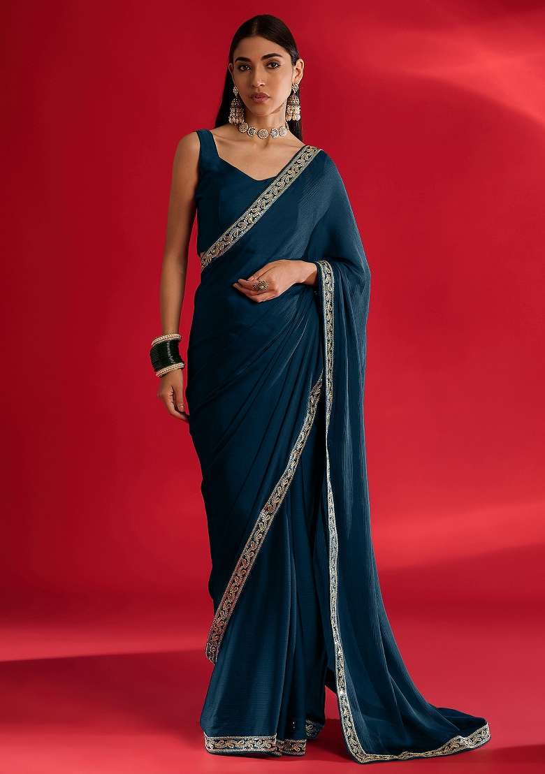 Teal Blue Printed Satin Saree Set - Indya