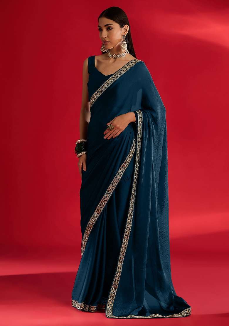 Teal Blue Printed Satin Saree Set - Indya