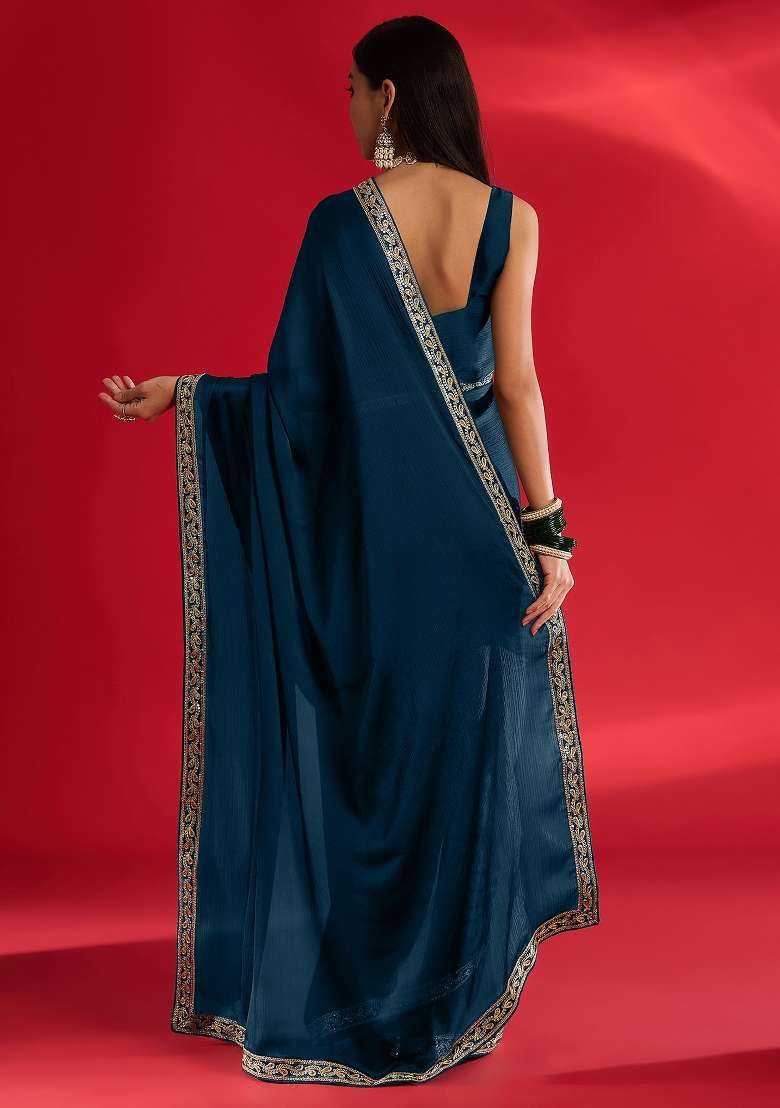 Teal Blue Printed Satin Saree Set - Indya