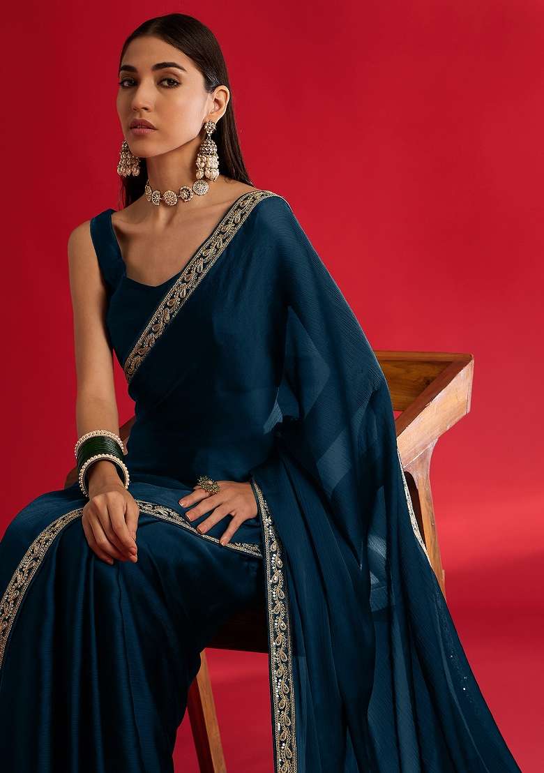 Teal Blue Printed Satin Saree Set - Indya