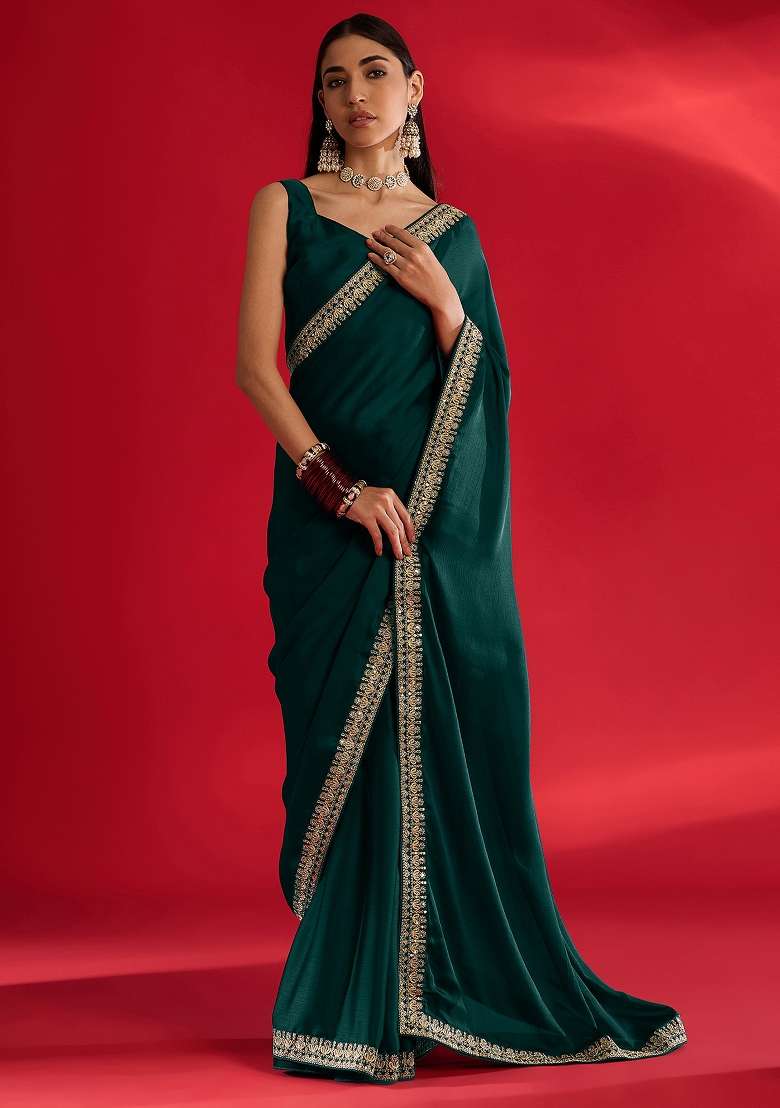 Teal Green Printed Satin Saree Set - Indya