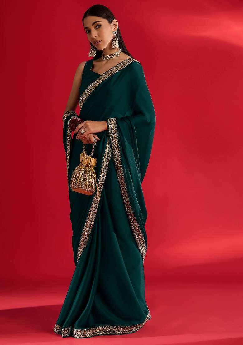 Teal Green Printed Satin Saree Set - Indya