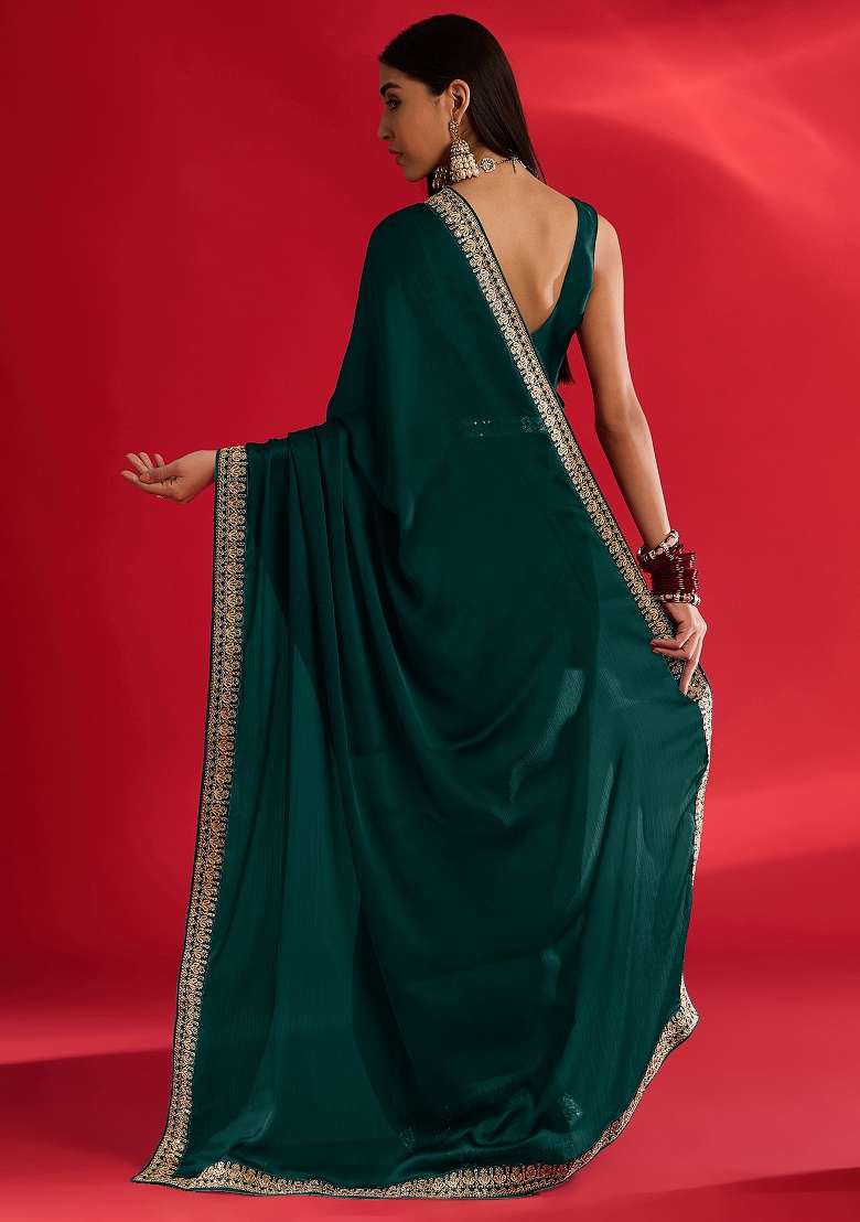 Teal Green Printed Satin Saree Set - Indya