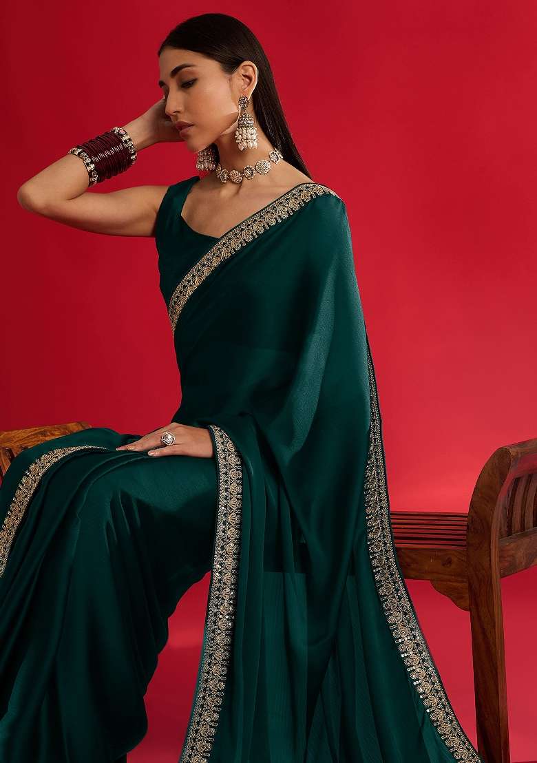 Teal Green Printed Satin Saree Set - Indya