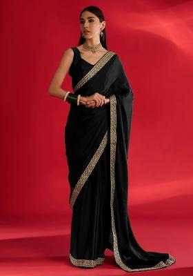 Black Printed Satin Saree Set