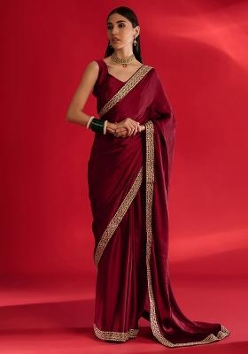 Maroon Printed Satin Saree Set