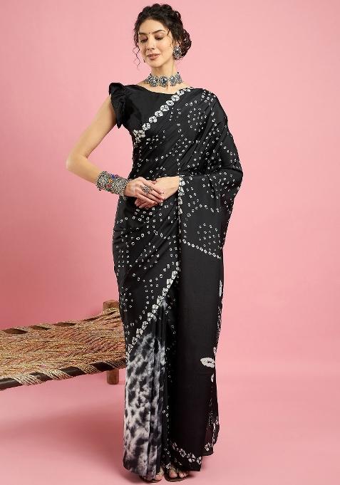 Black Printed Crepe Saree Set — view on Indya