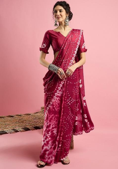 Red Printed Crepe Saree Set — view on Indya