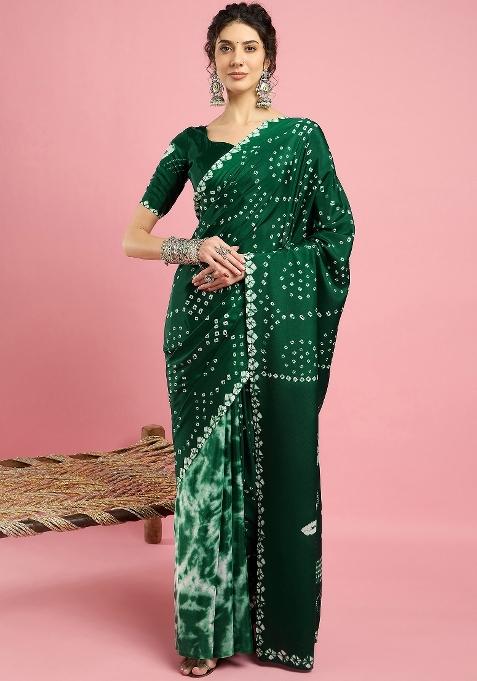 Green Printed Crepe Saree Set — view on Indya