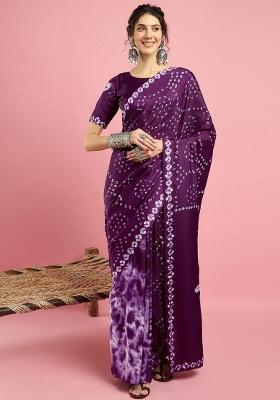 Purple Printed Crepe Saree Set