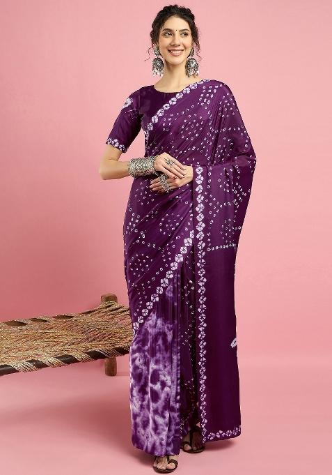 Purple Printed Crepe Saree Set — view on Indya