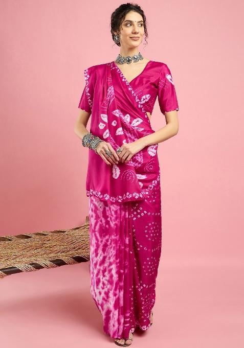 Pink Printed Crepe Saree Set — view on Indya