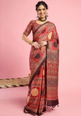 Rust Printed Silk Blend Saree Set