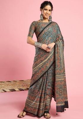 Teal Blue Printed Silk Blend Saree Set