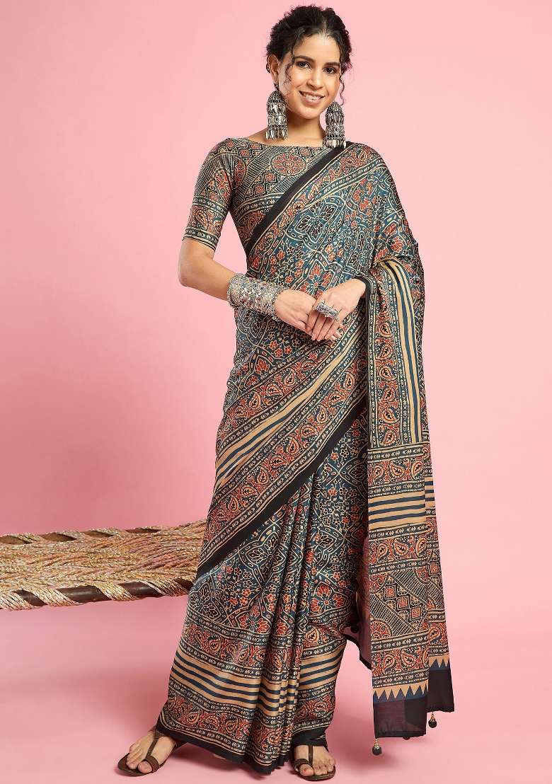 Teal Blue Printed Silk Blend Saree Set - Indya