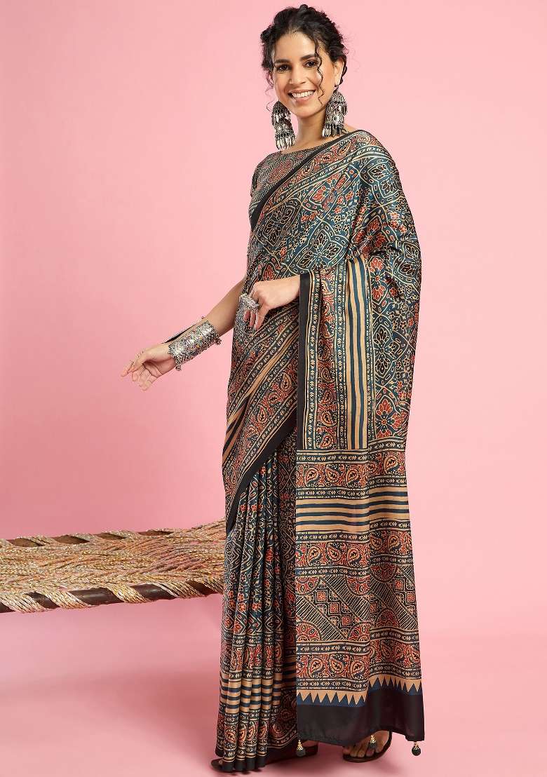 Teal Blue Printed Silk Blend Saree Set - Indya