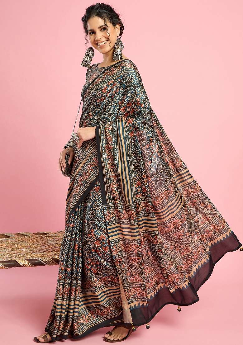 Teal Blue Printed Silk Blend Saree Set - Indya