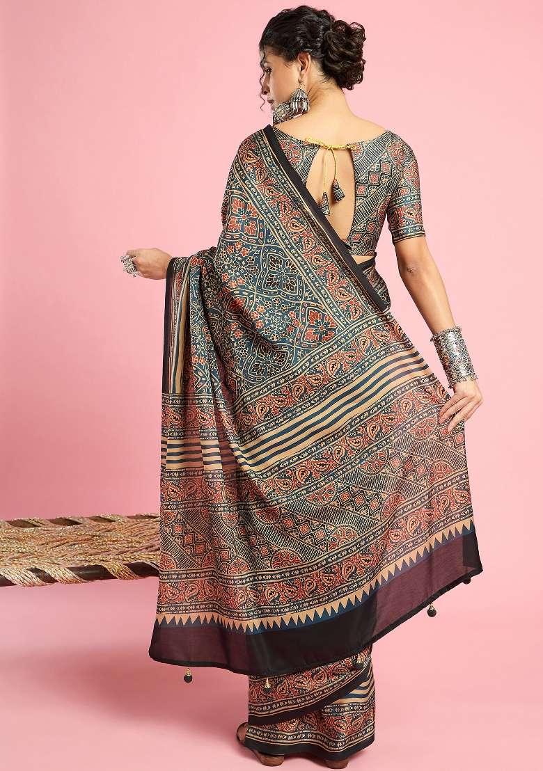 Teal Blue Printed Silk Blend Saree Set - Indya