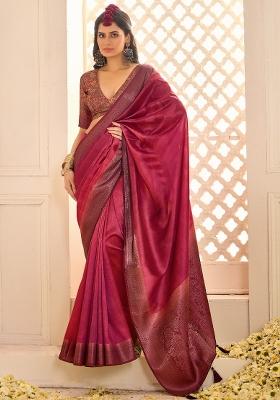Burgundy Printed Tussar Silk Saree Set