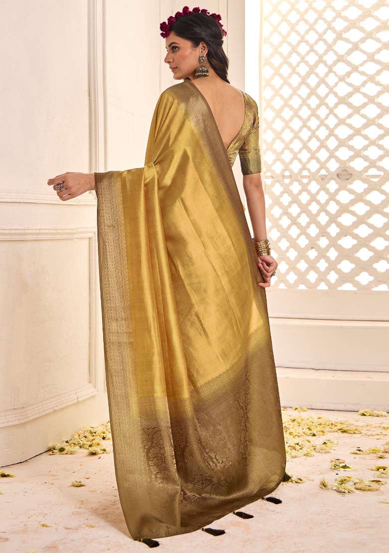 Gold Tussar Silk Blend Saree Set with Printed for Diwali | Wedding & Festive Wear - Indya