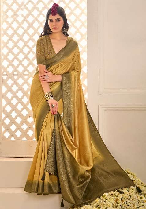 Gold Tussar Silk Blend Saree Set with Printed for Diwali | Wedding & Festive Wear
