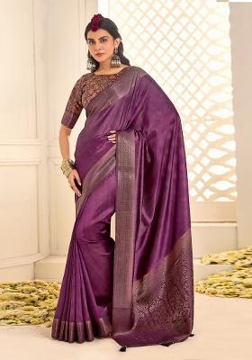 Purple Printed Tussar Silk Saree Set