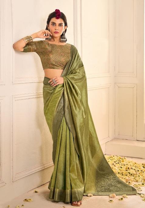 Light Green Printed Tussar Silk Saree Set — view on Indya